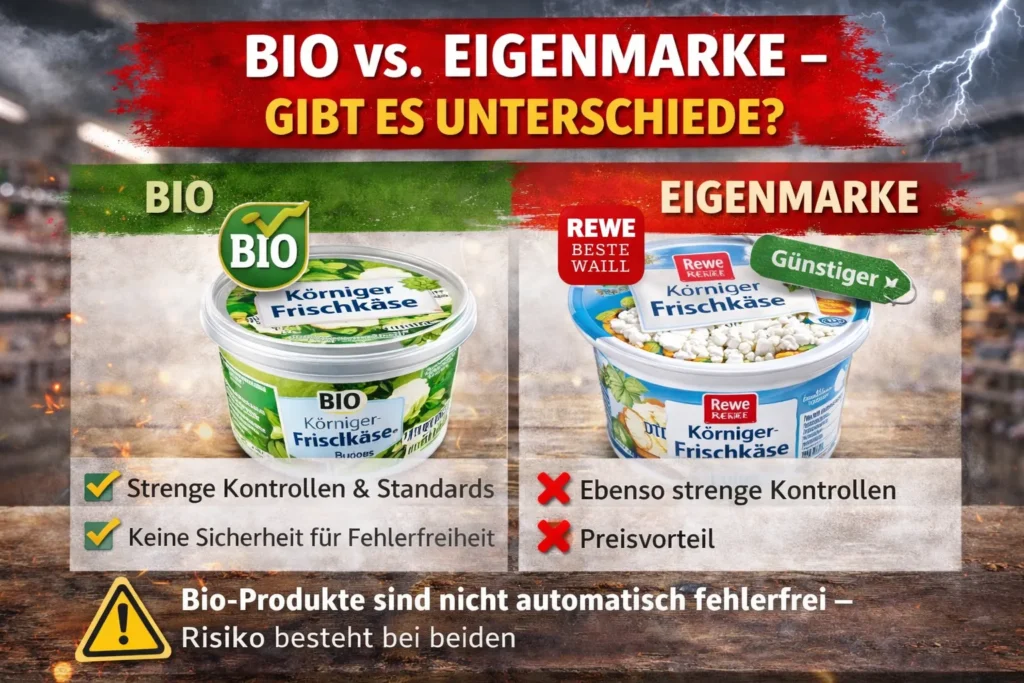 Vergleich zwischen Bio und Rewe Eigenmarke körniger Frischkäse mit Hinweis auf Qualitätskontrollen, Standards und mögliche Risiken bei Rückruf.