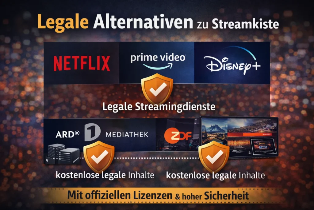 Legale Alternativen zu Streamkiste mit Streamingdiensten wie Netflix, Amazon Prime Video, Disney Plus sowie ARD und ZDF Mediathek.