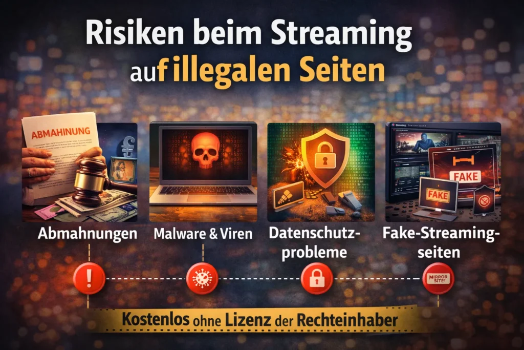 Risiken beim Streaming auf illegalen Seiten wie Streamkiste – Abmahnungen, Malware, Datenschutzprobleme und Fake-Streamingseiten erklärt.