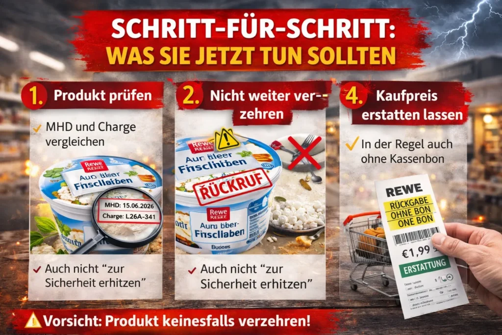 Schritt-für-Schritt Anleitung zum Rewe Rückruf körniger Frischkäse: Charge prüfen, nicht verzehren, in Filiale zurückgeben und Erstattung erhalten.