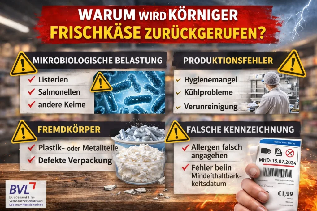 Rewe Rückruf körniger Frischkäse mit Warnhinweis, betroffenen Chargen, Listerien-Risiko und Hinweis auf Rückgabe ohne Kassenbon in Deutschland.
