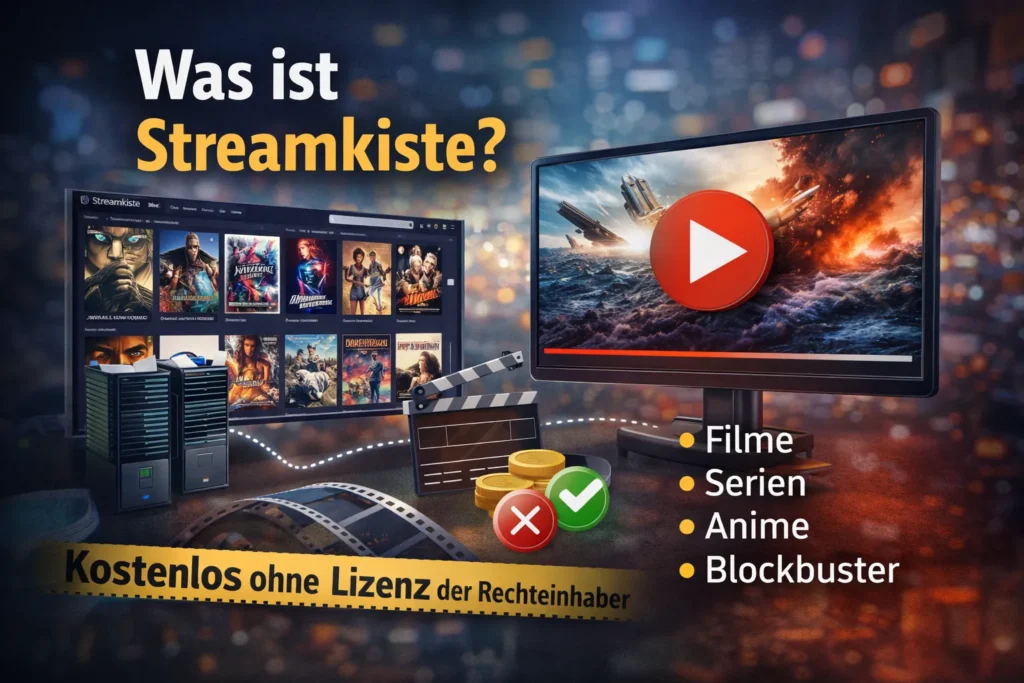 Was ist Streamkiste – Illustration einer Streamingplattform mit Filmen, Serien und Anime sowie Hinweis auf kostenlose Inhalte ohne Lizenz der Rechteinhaber.