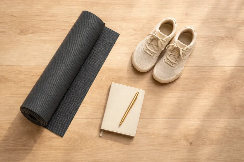 Minimales Equipment für Emmnastics zuhause –
Yogamatte, Notizbuch und Trainingszubehör auf Holzboden
