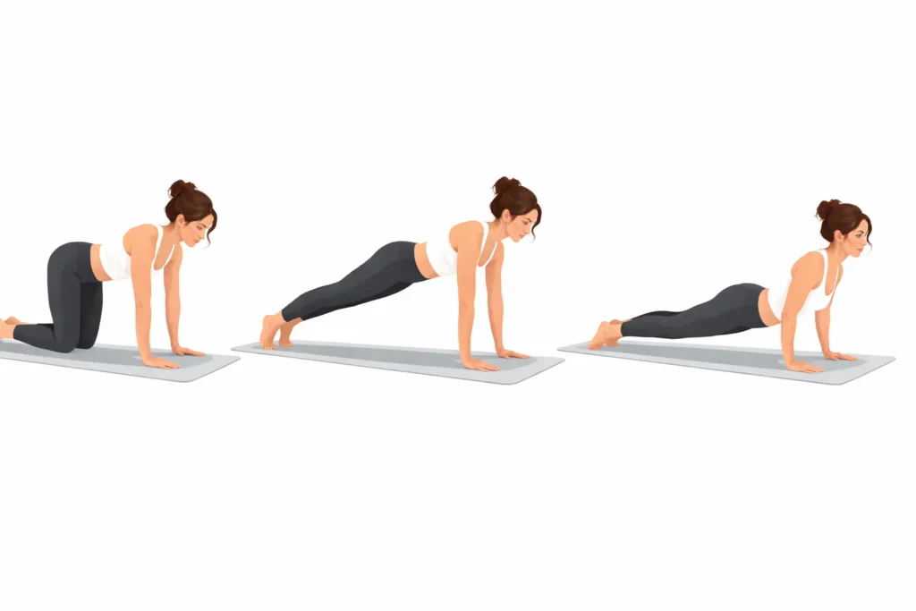 Emmnastics Einstiegs-Flow in drei Schritten –
Vierfüßlerstand, Plank und Hüftabsenkung auf Yogamatte